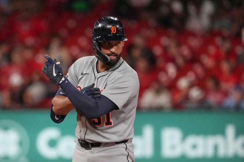 Detroit Tigers' Riley Greene celebrates after hitting an RBI double during the ninth inning of a baseball game against the St. Louis Cardinals Tuesday, May 20, 2025, in St. Louis.