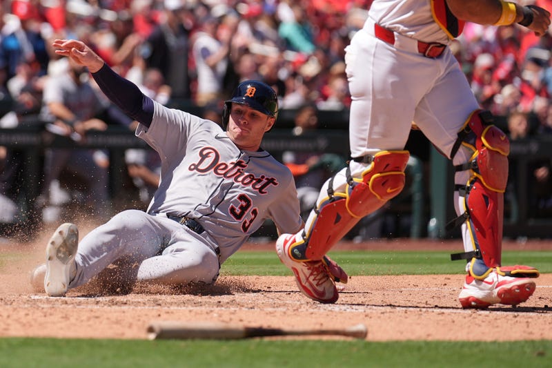 Detroit Tigers' Colt Keith scores during the eighth inning of a baseball game against the St. Louis Cardinals Wednesday, May 21, 2025, in St. Louis.