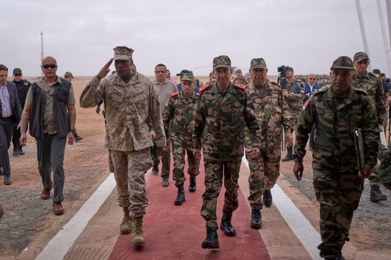 Gen. Michael Langley, USMC, Commander, U.S. Africa Command, center, and Major General Mohammed Berrid, Inspector General of Moroccan Royal Armed Forces, attend the 21st edition of the African Lion military exercise, in Tantan, south of Agadir, Morocco, Friday, May 23, 2025.
