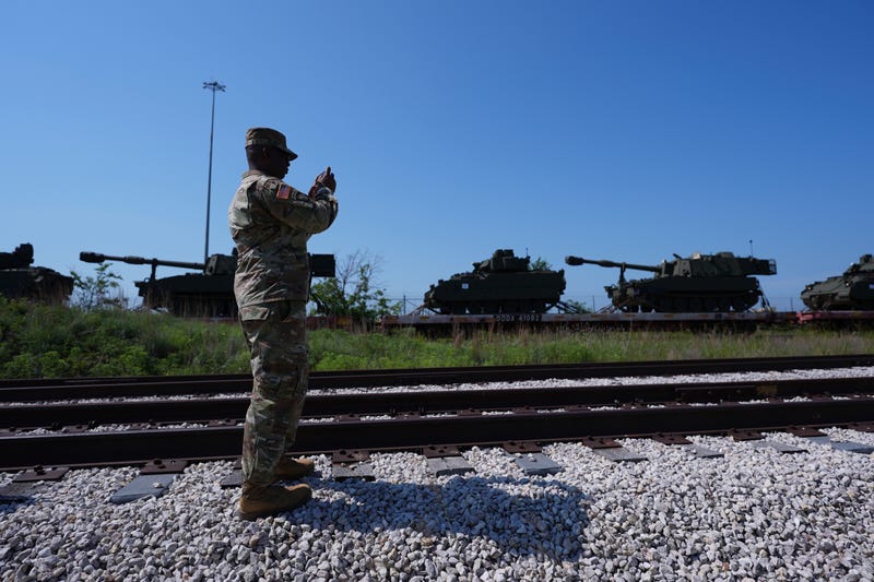 Tanks and other military vehicles are transported via railroad to Washington, D.C. for an upcoming parade for the Army's 250th anniversary, Monday, June 2, 2025, at Fort Cavazos near Killeen, Texas. 