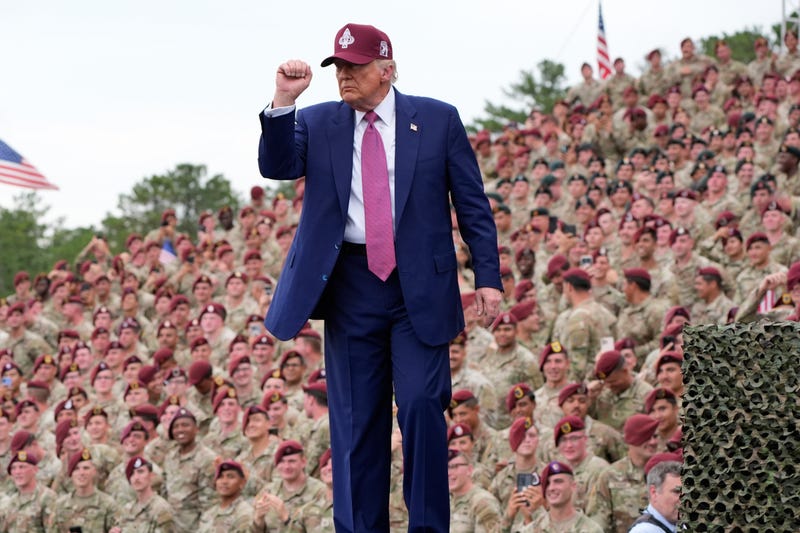 President Donald Trump gestures after speaking at Fort Bragg, Tuesday, June 10, 2025, in Fort Bragg, N.C.