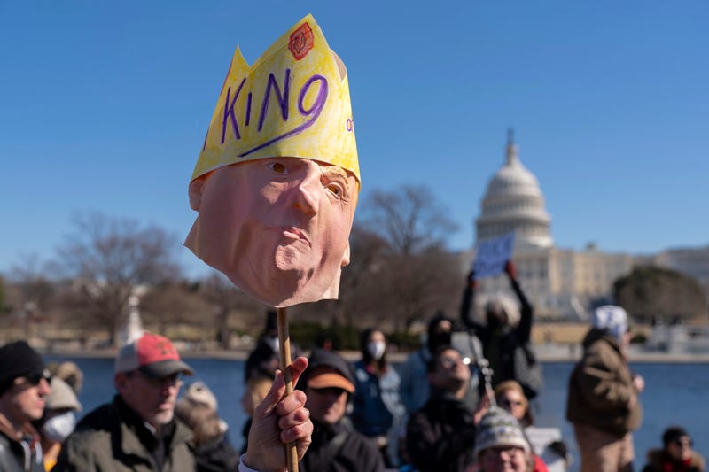 People take part in the "No Kings Day" protest on Presidents Day in Washington, in support of federal workers and against recent actions by President Donald Trump and Elon Musk, Monday, Feb. 17, 2025, by the Capitol in Washington.