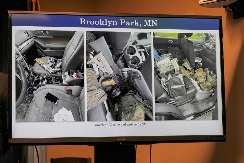 Evidence photos showing the interior of Vance Boelter's vehicle are presented during a news conference at the United States Courthouse in Minneapolis, Monday, June 16, 2025.