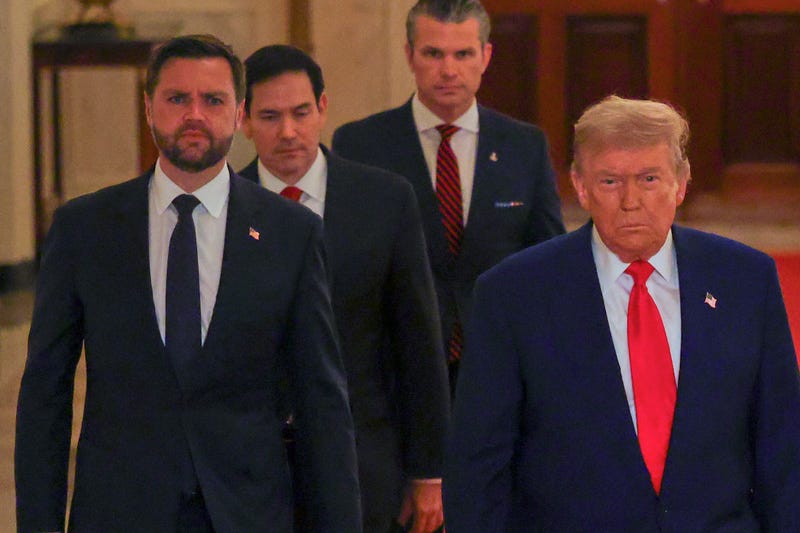 President Donald Trump arrives with Vice President JD Vance, Secretary of State Marco Rubio and Defense Secretary Pete Hegseth to speak from the East Room of the White House in Washington, Saturday, June 21, 2025, after the U.S. military struck three Iranian nuclear and military sites, directly joining Israel's effort to decapitate the country's nuclear program.
