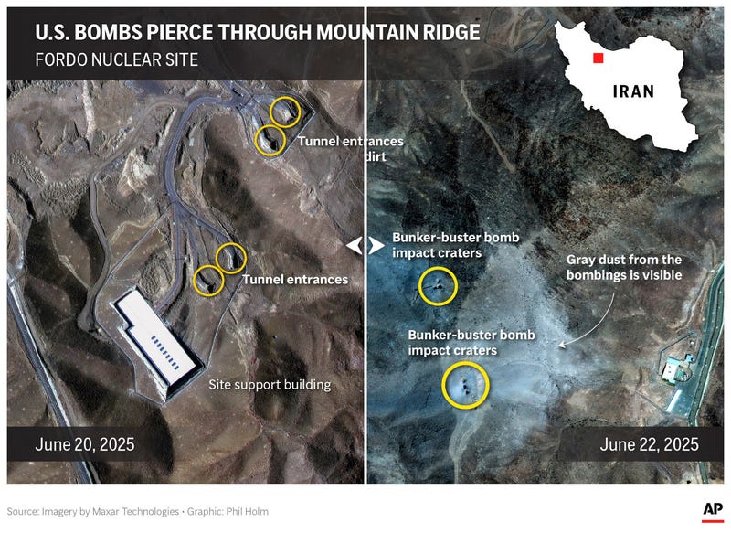The image above is a frame grab of a before-and-after interactive slider that compares Iran's Fordo nuclear facility before and after U.S. bombed the site.