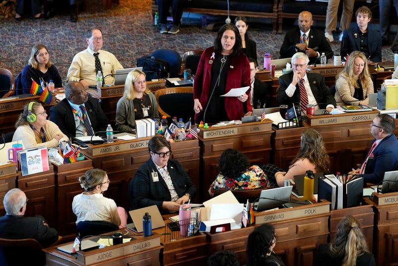 Rep. Aime Wichtendahl, D-Hiawatha, speaks during debate on the gender identity bill, Feb. 27, 2025, at the Statehouse in Des Moines, Iowa. 