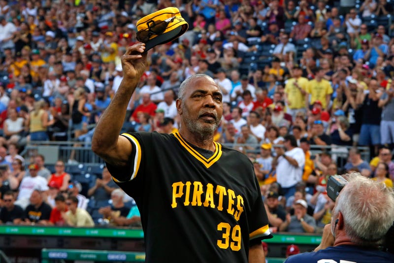 Dave Parker, a member of the 1979 Pittsburgh Pirates World Championship team, tips his cap during a pre-game ceremony honoring the team before a baseball game between the Pittsburgh Pirates and the Philadelphia Phillies in Pittsburgh, Saturday, July 20, 2019.