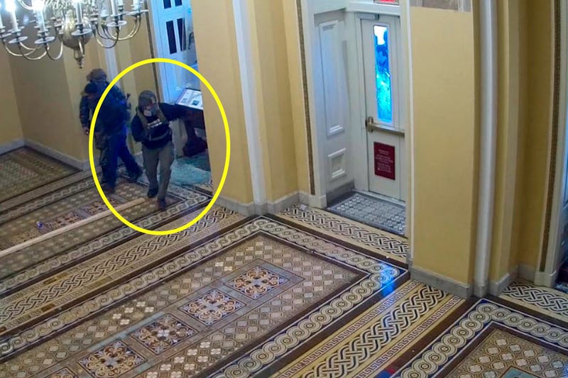This image from U.S. Capitol Police video, contained in the statement of facts supporting the arrest warrant for Edward Kelley, and annotated by the source, shows Kelley entering the U.S. Capitol Jan. 6, 2021, in Washington.