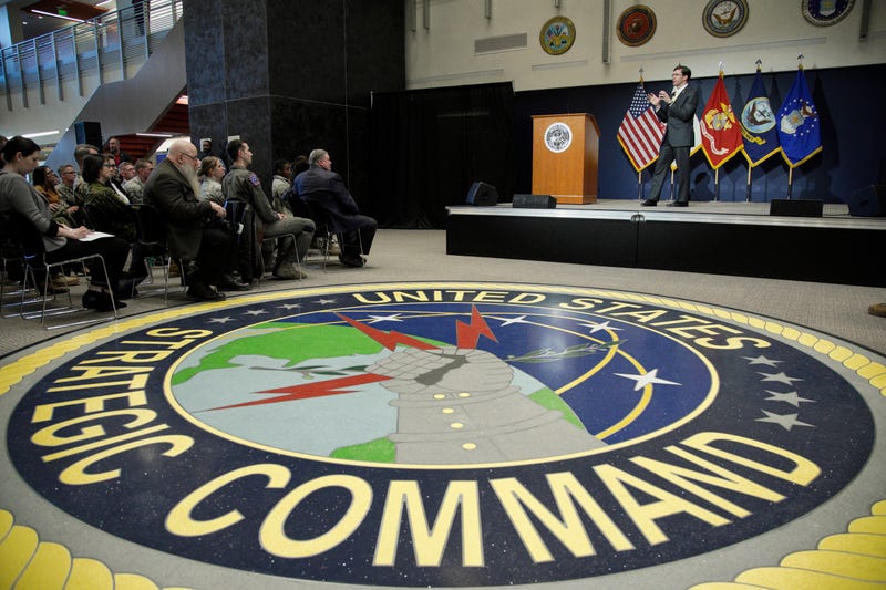 FILE - U.S. Secretary of Defense Mark Esper holds a Q&A session during a visit to the U.S. Strategic Command at Offutt AFB, Neb., Feb. 20, 2020.
