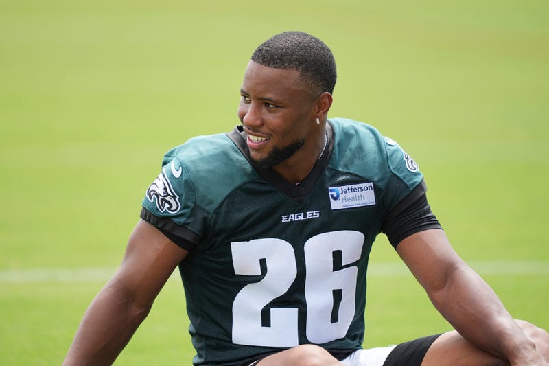 Philadelphia Eagles running back Saquon Barkley waits for his turn to speak at a news conference during the team’s NFL football training camp, Wednesday, July 23, 2025, in Philadelphia. 
