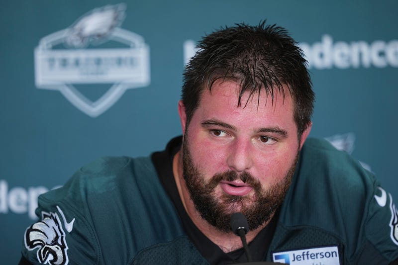 Philadelphia Eagles guard Landon Dickerson speaks during a news conference at the team’s NFL football training camp on July 24, 2025, in Philadelphia. 