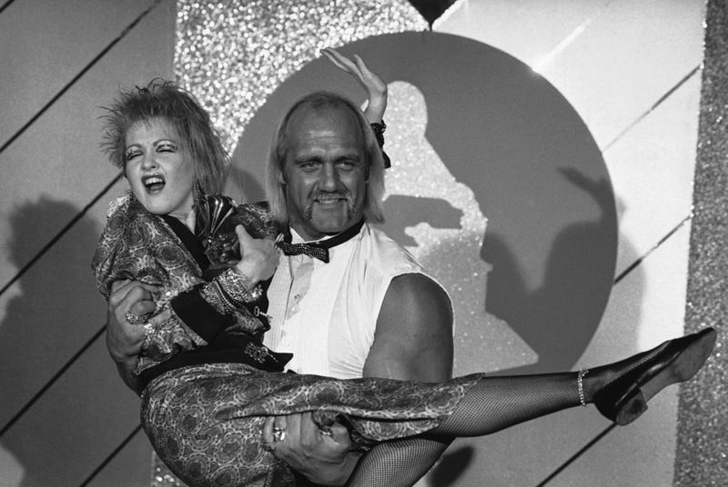 Hulk Hogan holding music star Cyndi Lauper in 1985 after becoming a worldwide star - just two years removed from dominating the wrestling scene in the Twin Cities as part of the AWA.