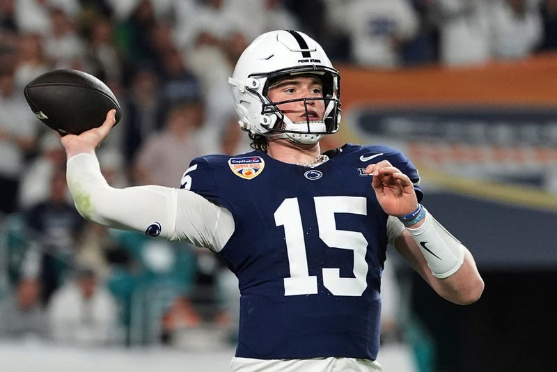 FILE - Penn State quarterback Drew Allar (15) throws for a touchdown during the first half of the Orange Bowl NCAA College Football Playoff semifinal game against Notre Dame, Thursday, Jan. 9, 2025, in Miami Gardens, Fla.