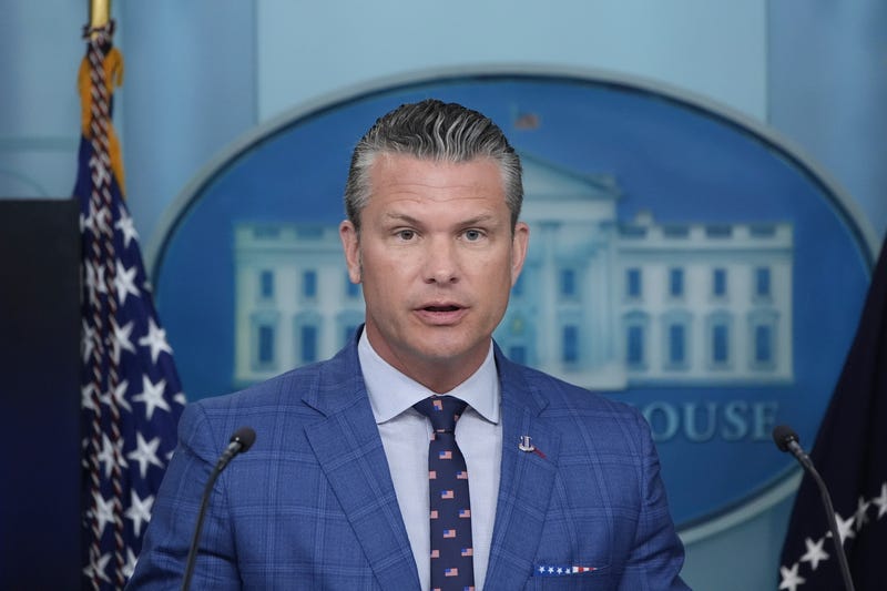 Secretary of Defense Pete Hegseth speaks during a press briefing with President Donald Trump in the James Brady Press Briefing Room at the White House, Monday, Aug. 11, 2025, in Washington.