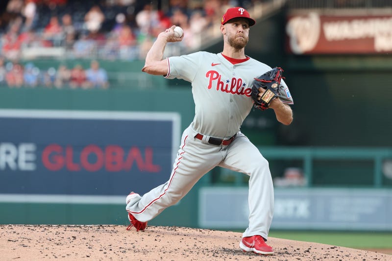 Phillies pitcher Zack Wheeler throws during the first inning of a baseball game against the Washington Nationals, Friday, Aug. 15, 2025