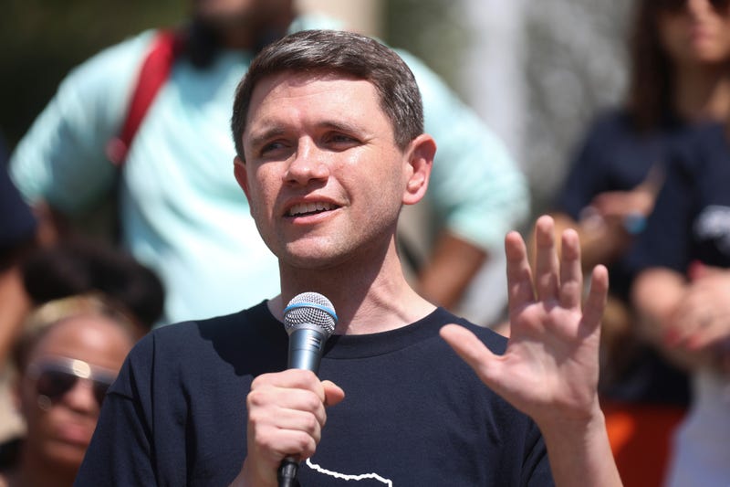 Texas Rep. James Talarico speaks at a rally, Saturday, Aug. 16, 2025, at Wrigley Square in Millennium Park in Chicago.