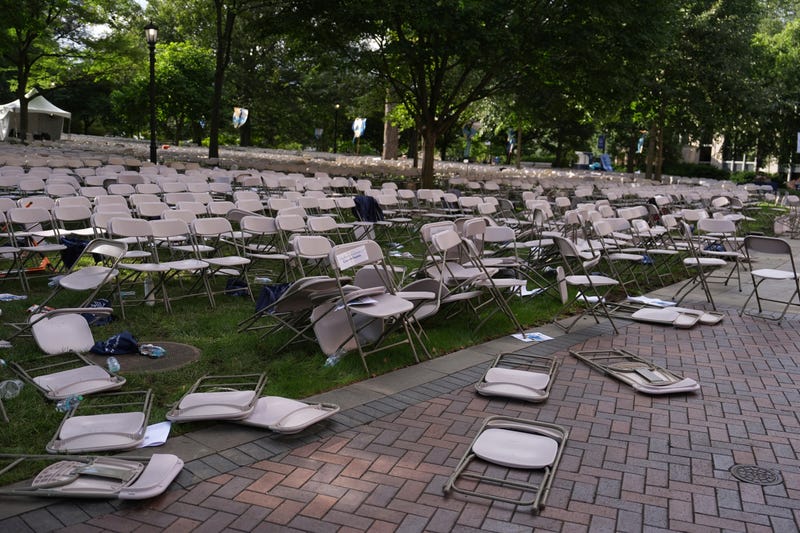 A mess of toppled chairs at the Villanova University campus where an active shooter was reported on Aug. 21, 2025, in Villanova, Pa.