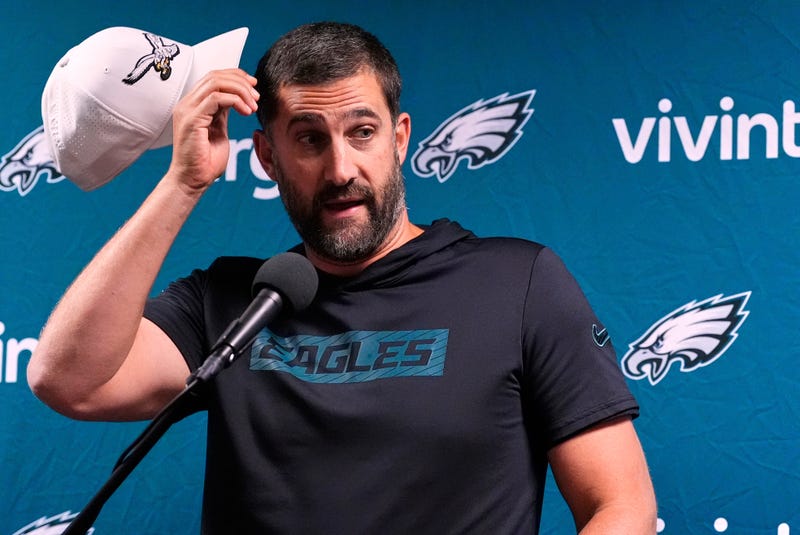Philadelphia Eagles head coach Nick Sirianni talks to reporters after a preseason NFL football game against the New York Jets in East Rutherford, N.J., on Aug. 22, 2025. 