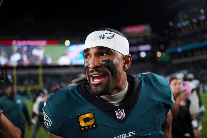 Philadelphia Eagles' Jalen Hurts celebrates the team's win in an NFL football game against the Dallas Cowboys Friday, Sept. 5, 2025, in Philadelphia. 
