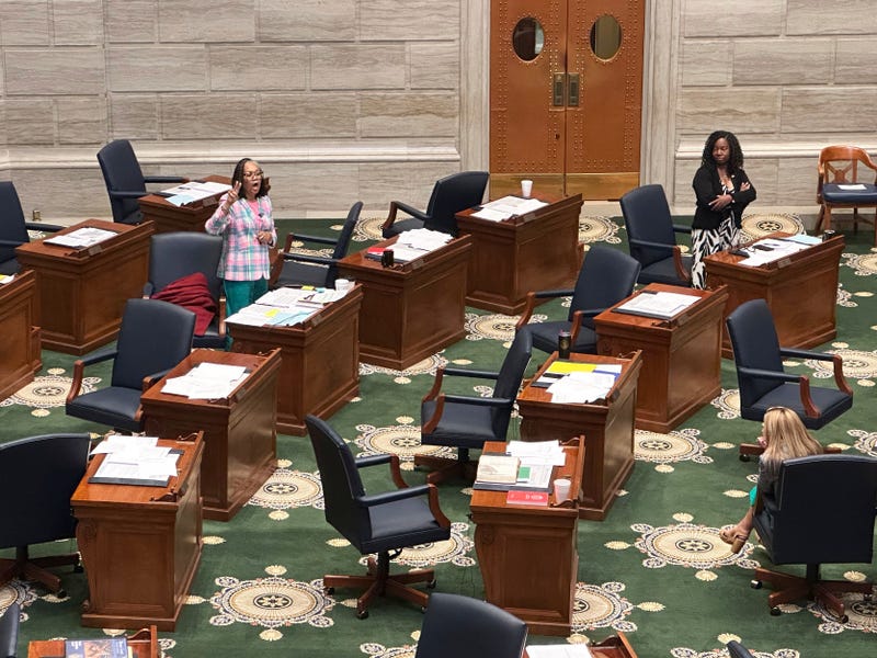Missouri state Sen. Barbara Washington, left, a Democrat, speaks against a congressional redistricting plan in a largely empty Senate chamber, Friday, Sept. 12, 2025, in Jefferson City, Mo.