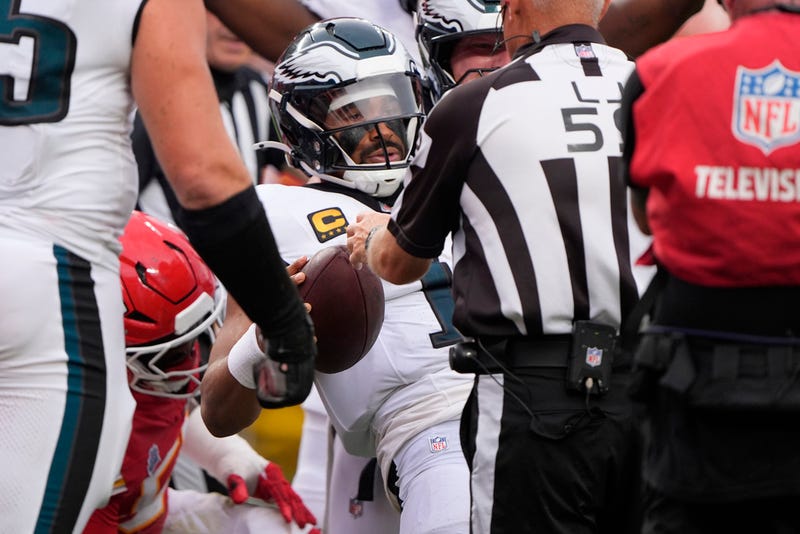 Philadelphia Eagles quarterback Jalen Hurts gets up off the turf after scoring a touchdown during the second half of an NFL football game against the Kansas City Chiefs Sunday, Sept. 14, 2025, in Kansas City, Mo.