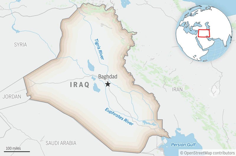 This is a locator map for Iraq with its capital, Baghdad.