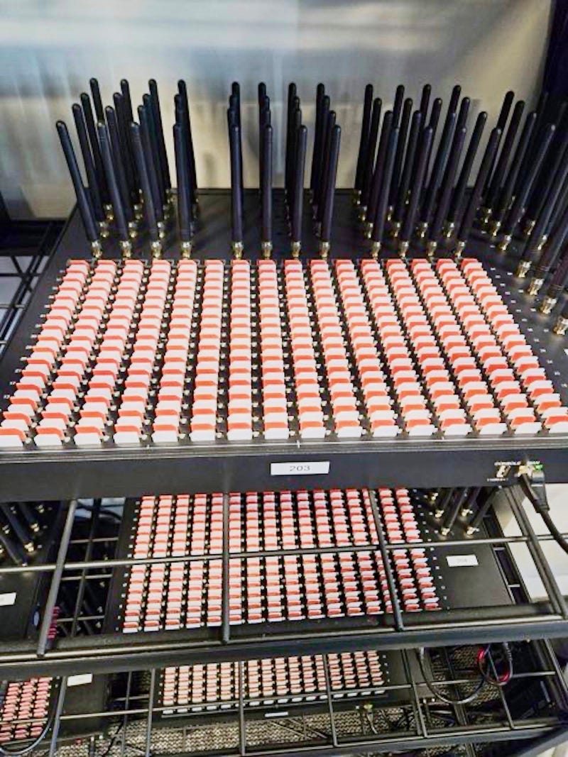 This photo provided by the U.S. Secret Service, in New York, Monday, Sept. 22, 2025, shows part of a wall of SIM boxes that were seized by the agency