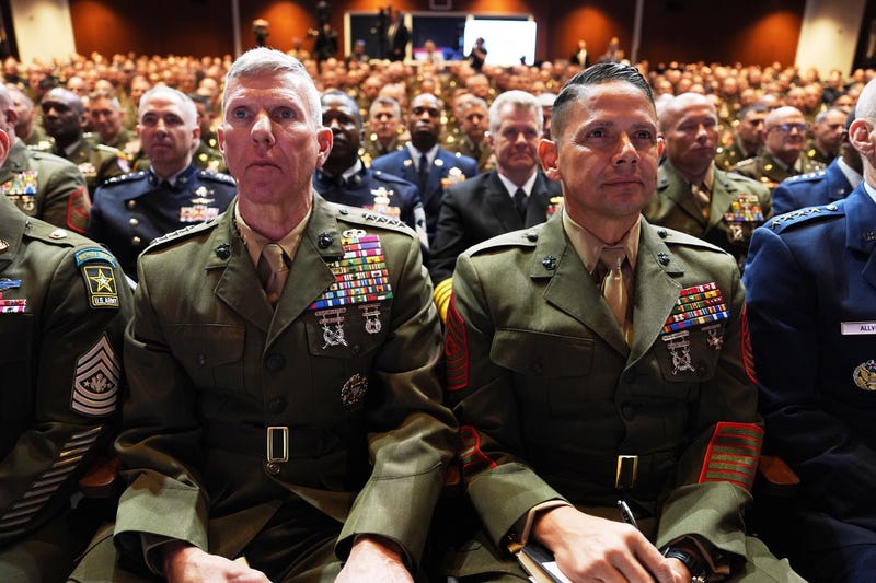U.S. military senior leadership listen as President Donald Trump speaks at Marine Corps Base Quantico, Tuesday, Sept. 30, 2025 in Quantico, Va. (