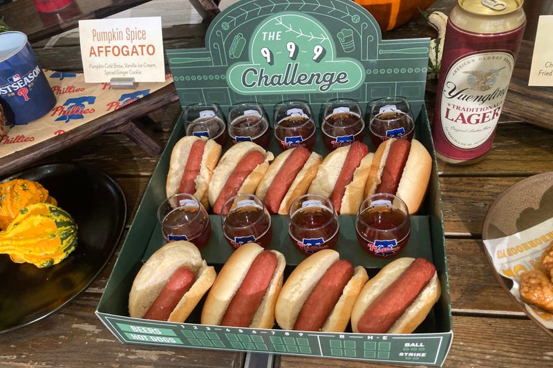 The 9-9-9 Challenge, which includes consuming one hot dog and one beer for each of the nine innings, is seen at Citizens Bank Park on Friday, Oct. 3, 2025, in Philadelphia.