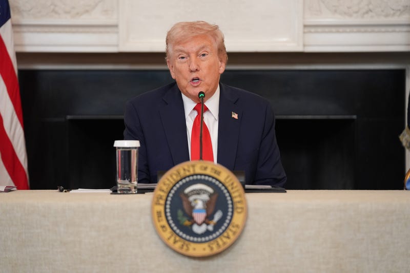 President Donald Trump speaks during a roundtable meeting on antifa in the State Dining Room at the White House, Wednesday, Oct. 8, 2025, in Washington.