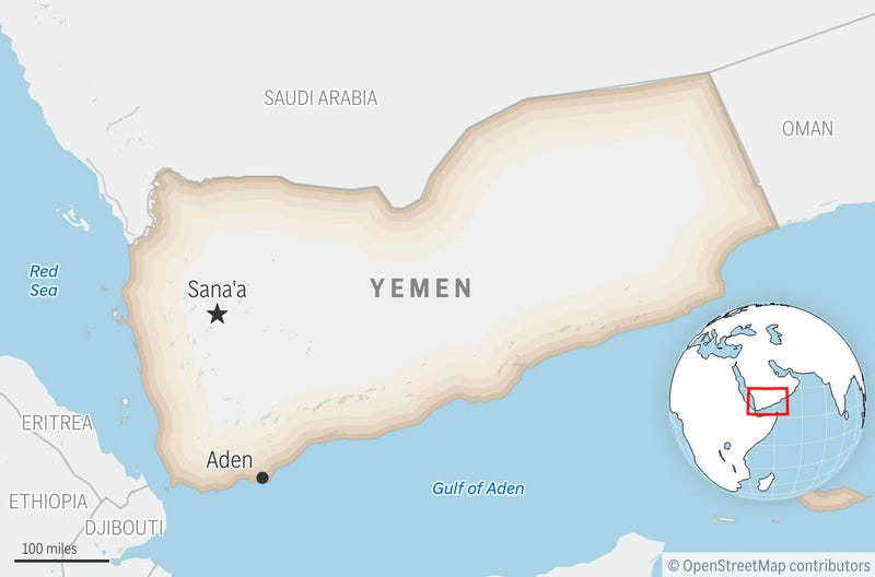 This is a locator map for Yemen with its capital, Sanaa.