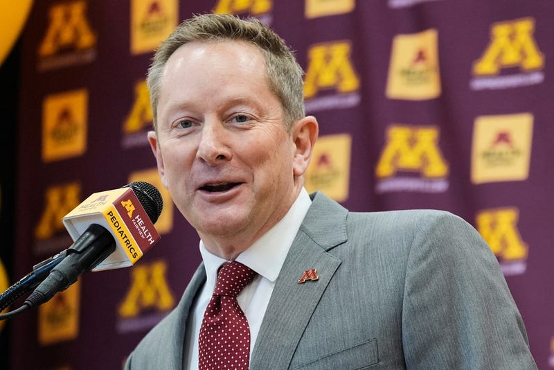 Minnesota's new head coach Niko Medved speaks during an NCAA college basketball news conference, Tuesday, March 25, 2025, in Minneapolis.