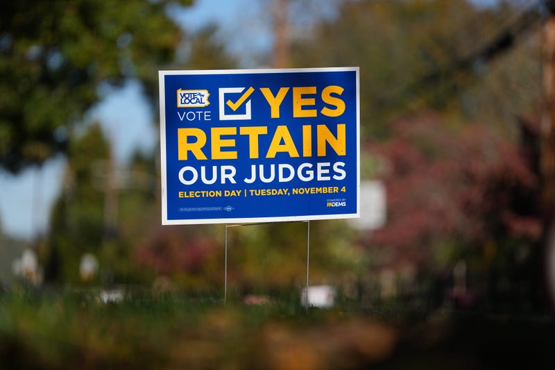 A sign is posted in support of retaining Pennsylvania Supreme Court justices in the November election, in Berwyn, Pa., Wednesday, Oct. 22, 2025.