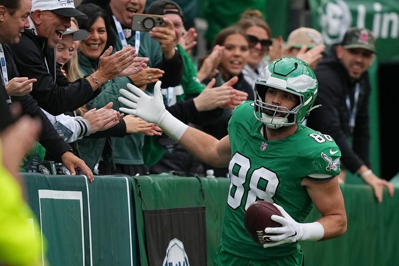 Philadelphia Eagles tight end Dallas Goedert (88) celebrates after scoring a touchdown during the second half of an NFL football game against the New York Giants on Sunday, Oct. 26, 2025, in Philadelphia. 