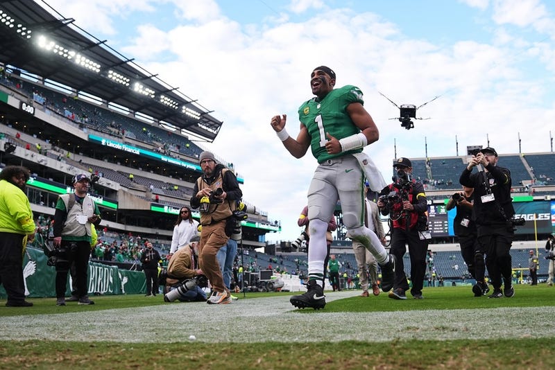 Philadelphia Eagles quarterback Jalen Hurts leaves the field after an NFL football game against the New York Giants on Sunday, Oct. 26, 2025, in Philadelphia. 
