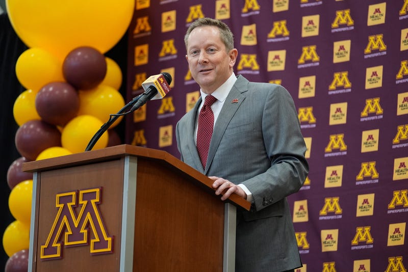 Minnesota head coach Niko Medved speaks during an NCAA college basketball news conference, March 25, 2025, in Minneapolis.