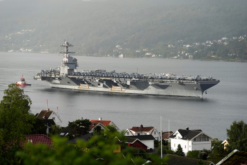 FILE - The American aircraft carrier USS Gerald R. Ford, on its way into the Oslofjord, at Drobak in Norway, Sept. 12, 2025.