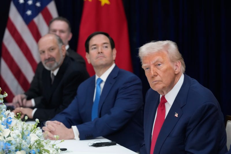 President Donald Trump, right, with Secretary of State Marco Rubio, second right, and Commerce Secretary Howard Lutnick, third right, meets with Chinese President Xi Jinping at Gimhae International Airport in Busan, South Korea, Thursday, Oct. 30, 2025.