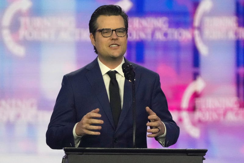 FILE - Former Rep. Matt Gaetz, R- Fla. speaks at AmericaFest, Dec. 22, 2024, in Phoenix.