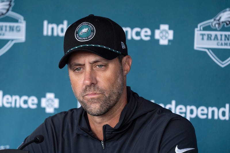 FILE - Philadelphia Eagles offensive coordinator Kevin Patullo talks to the media during practice at NFL football training camp, July 26, 2025, in Philadelphia. 