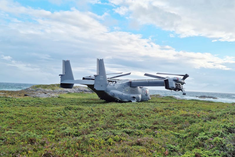 FILE - A Boeing V-22 Osprey is seen on Aug. 13, 2022, in Senja, Norway, after an emergency landing due to a clutch issue.