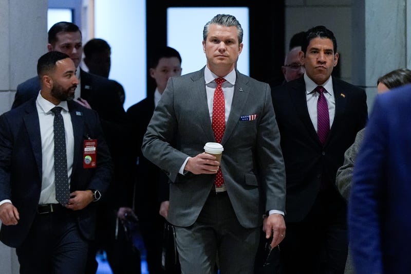 Defense Secretary Pete Hegseth arrives to brief members of Congress on military strikes near Venezuela, Tuesday, Dec. 16, 2025, at the Capitol in Washington.