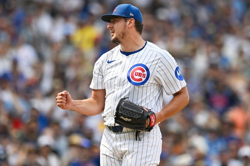 Chicago Cubs closing pitcher Brad Keller celebrates after the Cubs defeated the Pittsburgh Pirates on Aug. 16, 2025, in Chicago.