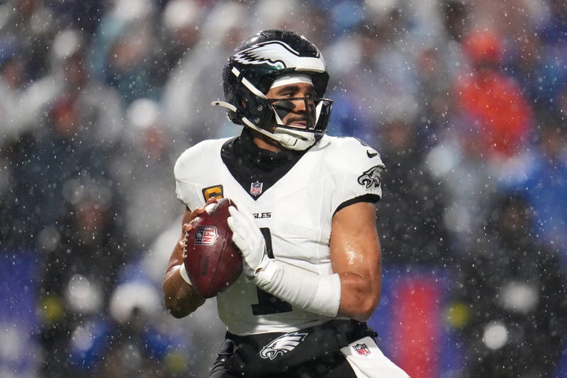 Philadelphia Eagles' Jalen Hurts passes during the second half of an NFL football game against the Buffalo Bills on Dec. 28, 2025, in Buffalo, N.Y. 