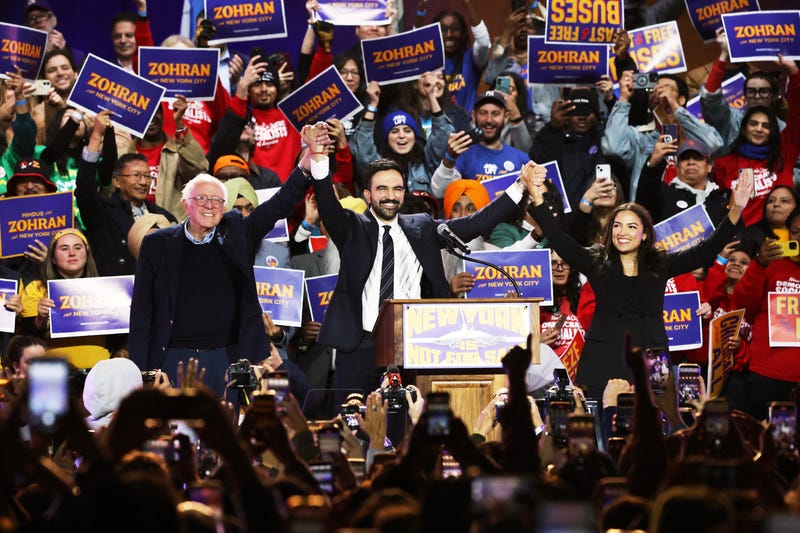 Sen. Bernie Sanders, I-Vt., left, then-mayoral candidate Zohran Mamdani, center, and Rep. Alexandria Ocasio-Cortez, D-N.Y., appear on stage during a rally, Sunday, Oct. 26, 2025, in New York