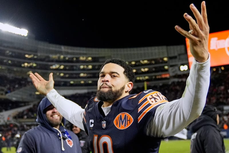 Chicago Bears' Caleb Williams celebrates after an NFL wild-card playoff football game against the Green Bay Packers Saturday, Jan. 10, 2026, in Chicago. 