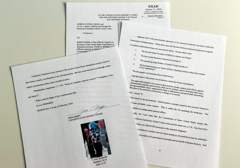 An order to release 5-year-old Liam Conejo Ramos and his father from detention, which included a picture of the boy and Bible verse references under the signature of U.S. District Judge Fred Biery, is photographed Saturday, Jan. 31, 2026.