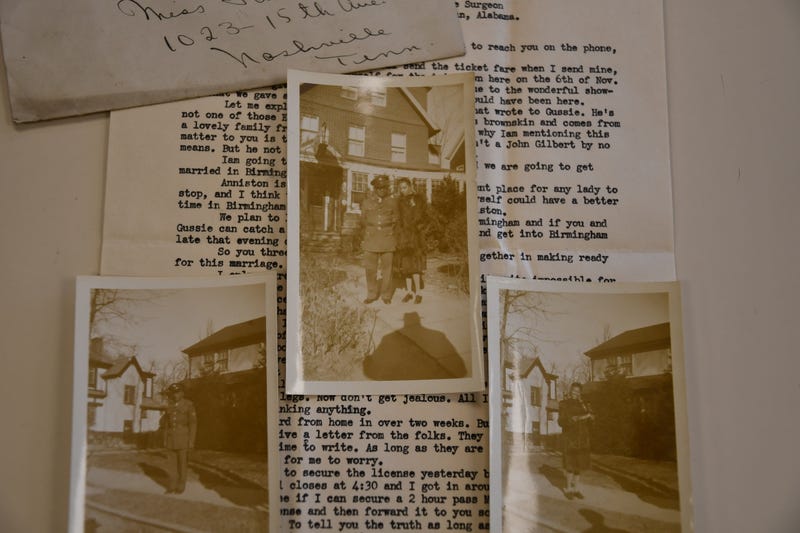 Pictures of William Raymond Whittaker and his wife, Jane Dean Whittaker, are on top of letters the two of them wrote to each other while he was serving in the military, photographed Monday, Feb. 9, 2026, in Nashville, Tenn.