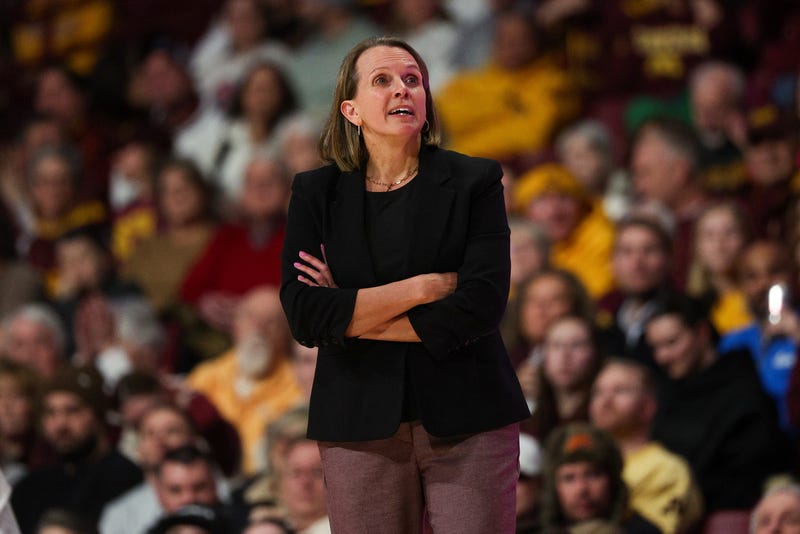 Minnesota head coach Dawn Plitzuweit looks on during the second half of an NCAA college basketball game against UCLA, Jan. 14, 2026, in Minneapolis. 