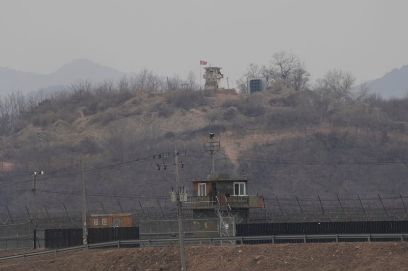 A North Korean military guard post, top, and a South Korean post, bottom, are seen from Paju, South Korea, near the border with North Korea, Thursday, Feb. 26, 2026.